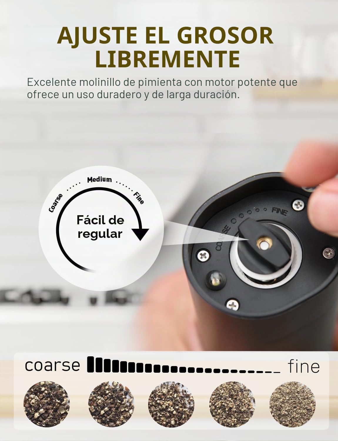MERTTURM Molinillo Pimienta Eléctrico Recargable, Molinillo Especias con Luz Blanca LED, Grosor Ajustable, Rotor de Cerámica, Operación de Una Mano, Molinillo Sal y Pimienta para Cocina, BBQ