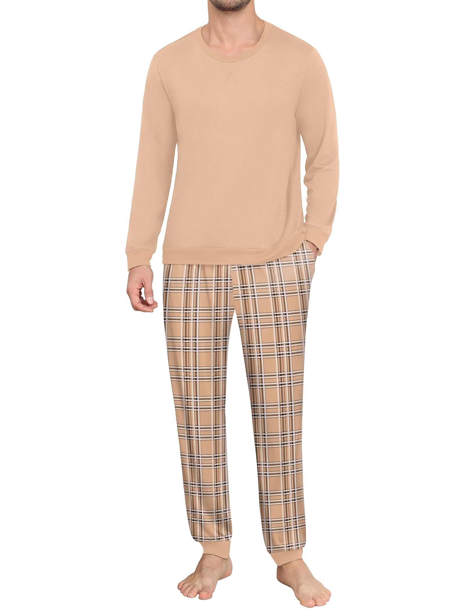 Ekouaer Herenpyjama met lange mouwen en lange mouwen met geruite bodems en manchetten, nachtkleding met trekkoord, loungewear, Pijamas Pjama Winter, S- XXL, camel, M