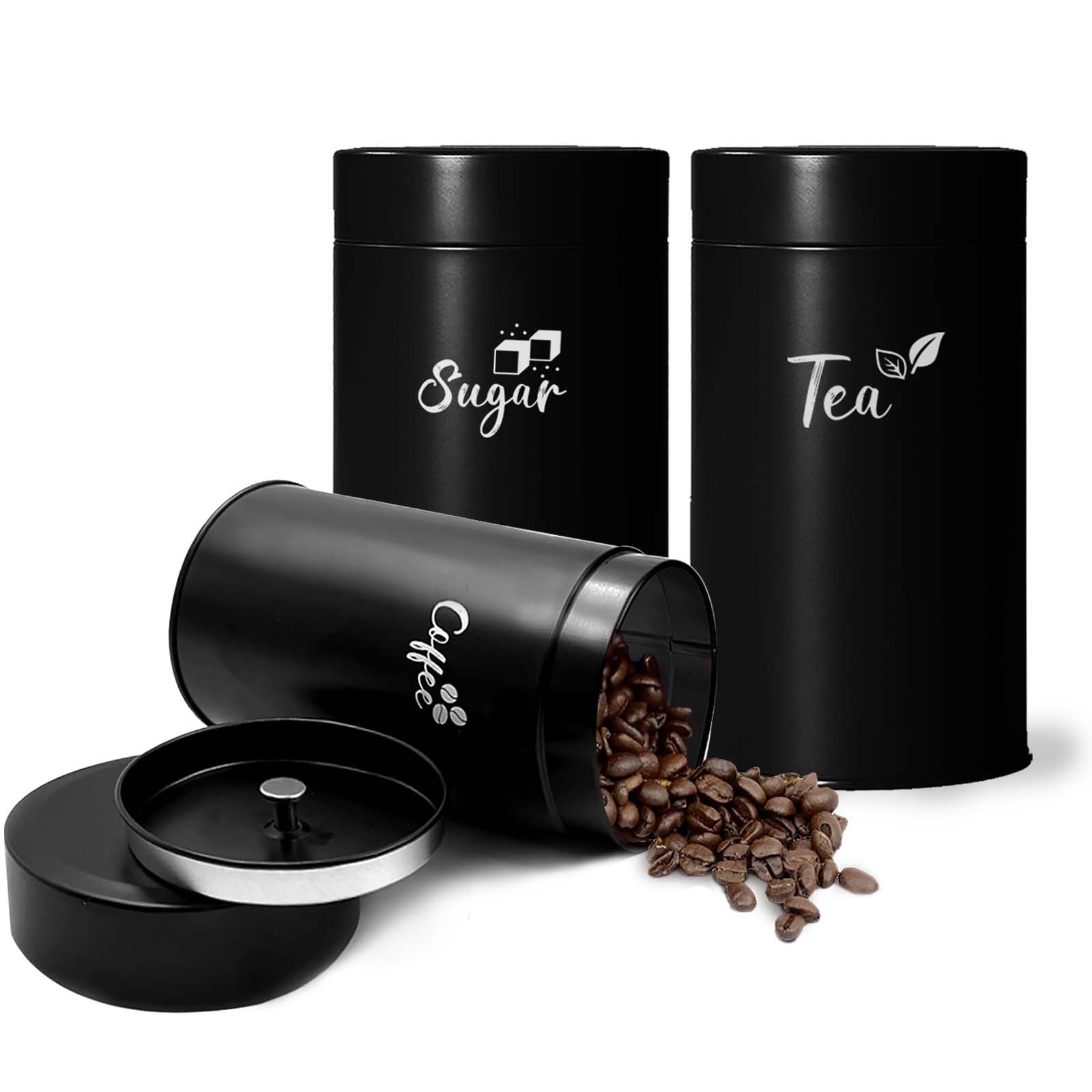 Daily Treasures Black Tea Coffee Sugar Canisters Sets–Set of 3 Metal Containers with Double Sealing Lid,Airtight Tea Canisters, Kitchen Storage Set,Food Storage Containers Jars for Kitchen Countertop