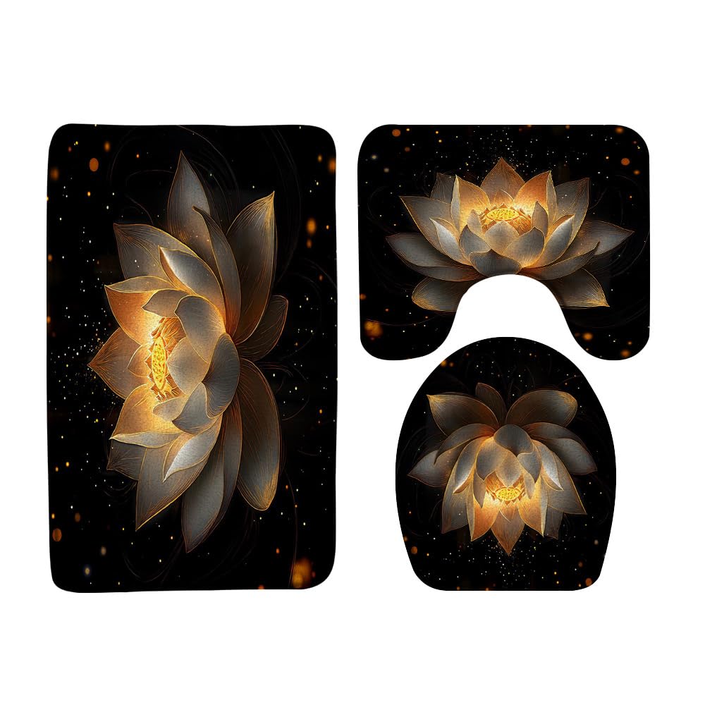 YSSFAV 3 Pcs Lotus Bath Mat Bathroom Rug, Black and Gold Flowers Spa Zen Golden Floral Aesthetic Meditation Relaxing Memory Foam Soft Floor Rug, 24"