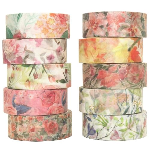 YUBBAEX Juego de 10 rollos de cinta washi de flores primaverales para enmascarar cintas decorativas (tono cálido)