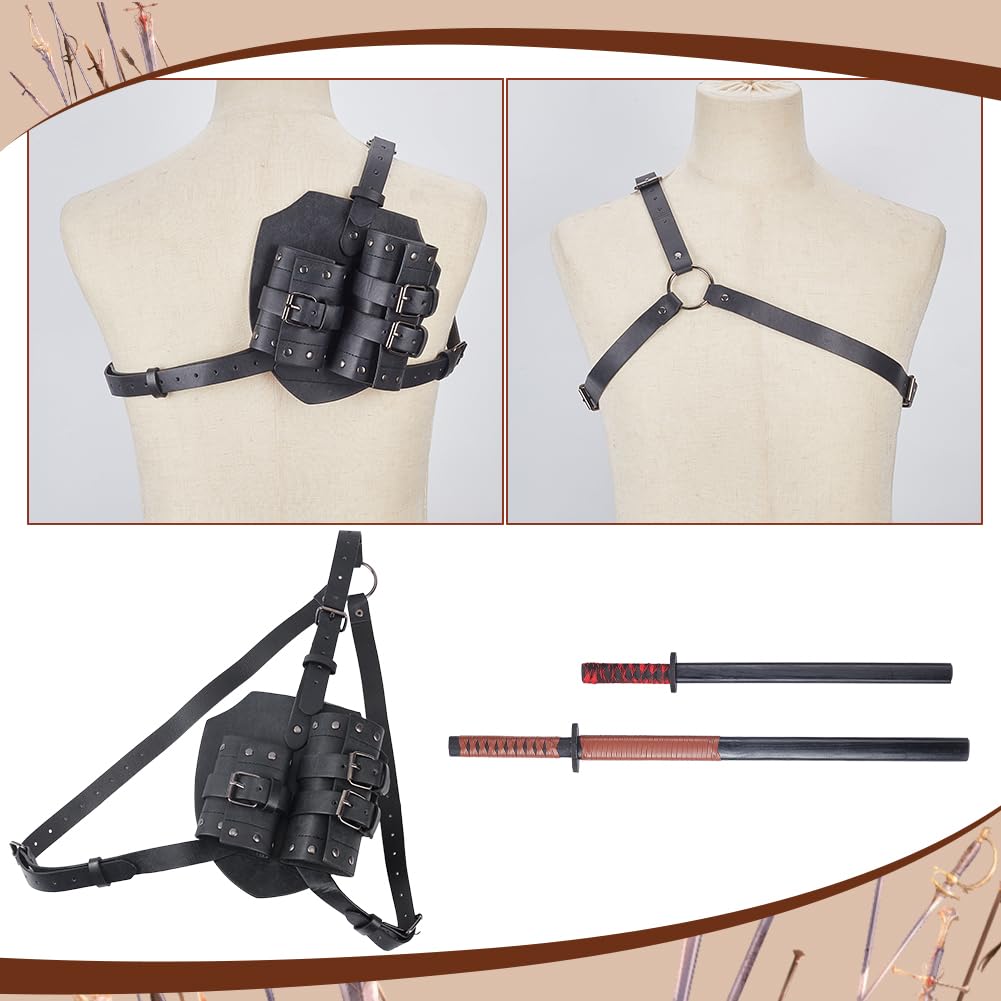 NBEADS Espada medieval de rana trasera, doble funda de espada ajustable, cinturón de espada de cuero, disfraz de guerrero vikingo para Halloween, accesorios renacentistas