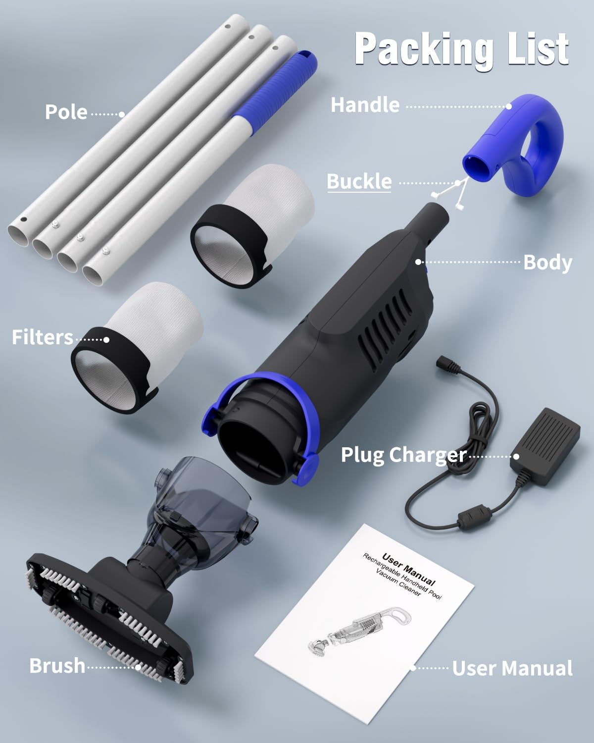 Little Shark Aspirapolvere a batteria per piscine all'aperto e vasche idromassaggio, motore da 60 W, potente aspirazione di 18 GPM, batteria compatta da 5000 mAh, autonomia di 60 minuti (nero)