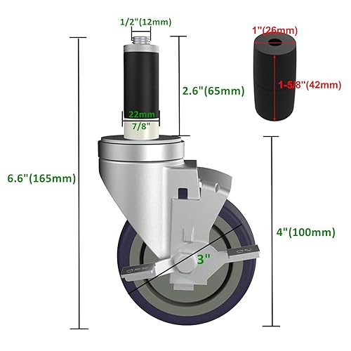 Miniatura 2 de Juego de 4 ruedas giratorias de vástago expandible de 3 pulgadas para patas de mesa, ruedas de mesa de acero inoxidable, todas con freno de 78, 1 y
