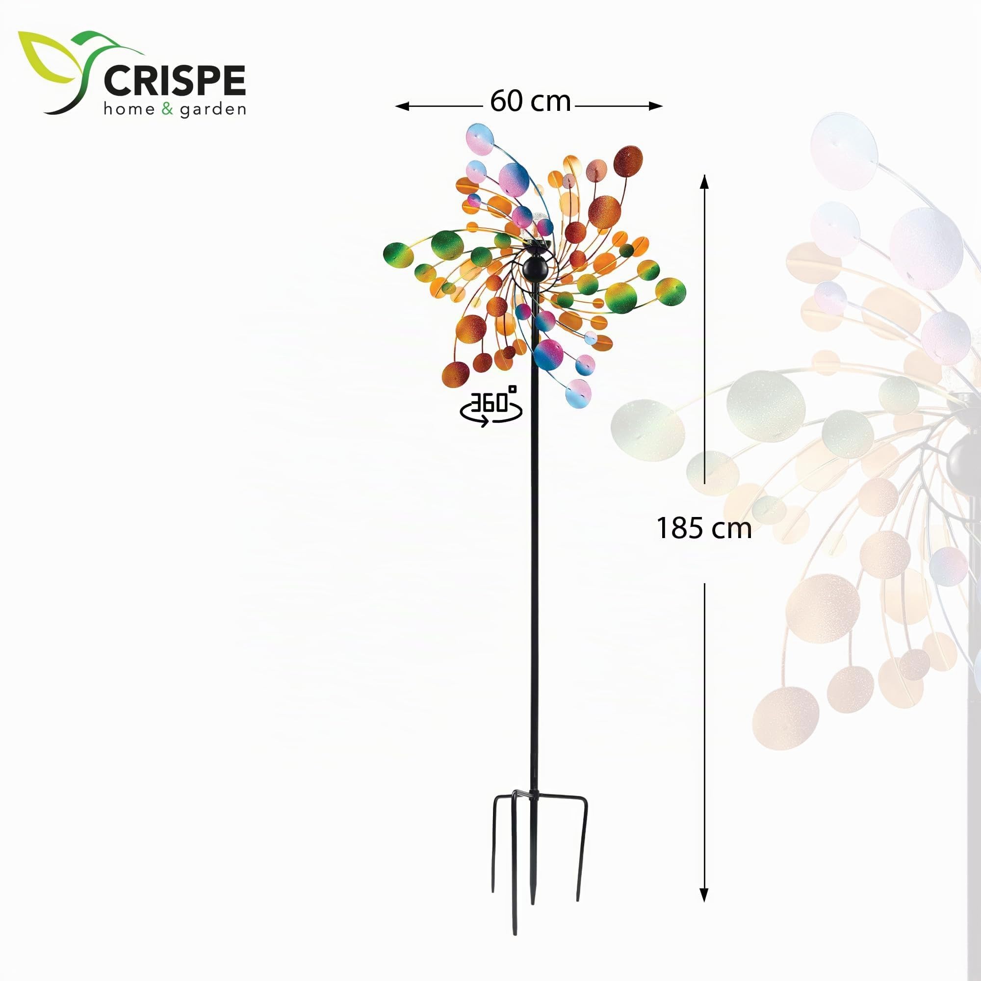 Crispe Metall Windrad 185 cm mit Doppelrotor – Windspiel Windmühle für den Garten – wetterfest & standfest – kugelgelagert – Dreibein – wahlweise mit Solarlampe – Gartendeko Outdoor