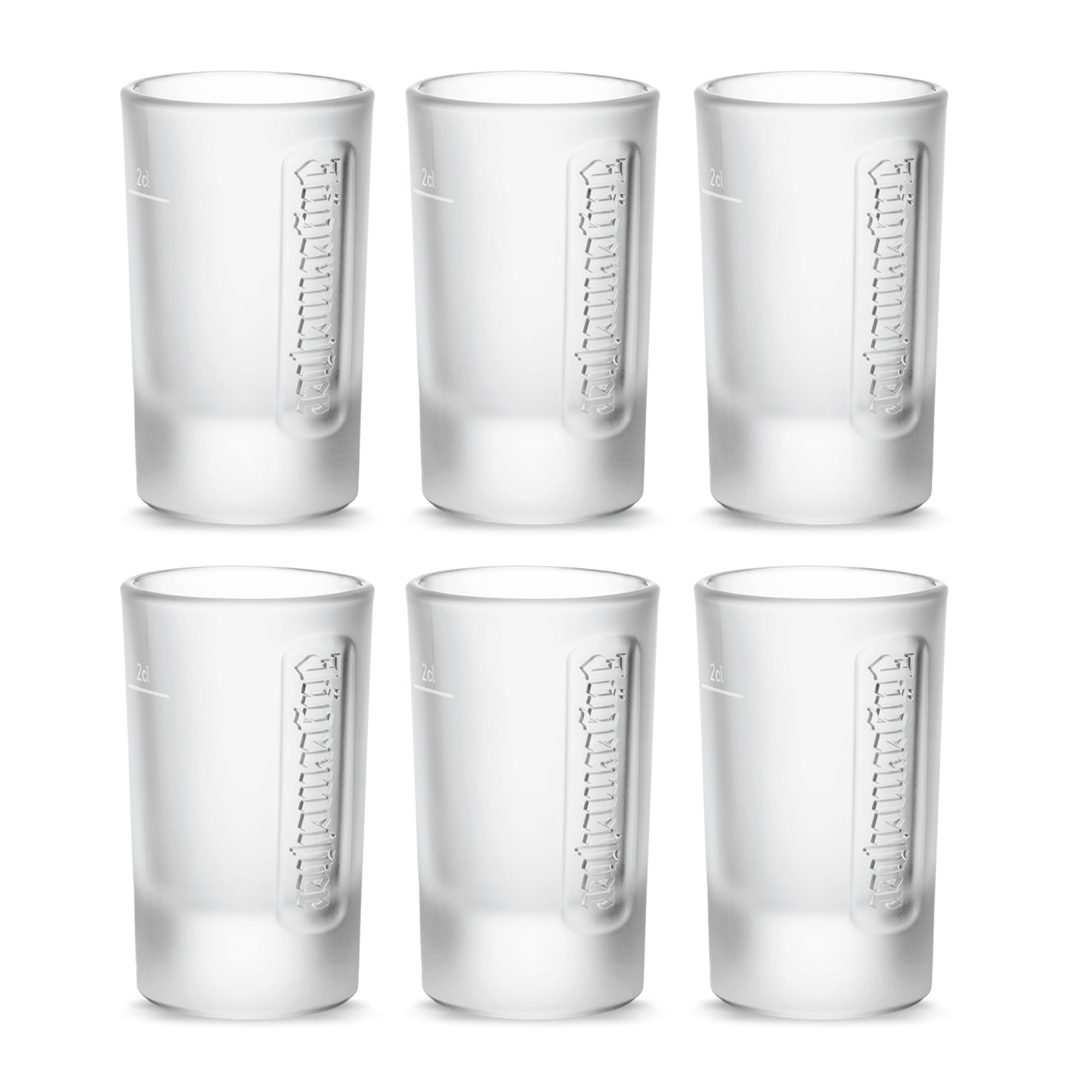 Jägermeister Set di 6 bicchierini da liquore da 2 cl, tacca da 2 cl, in vetro smerigliato, lavabile in lavastoviglie e stabile, capacità: circa 38 ml per bicchiere