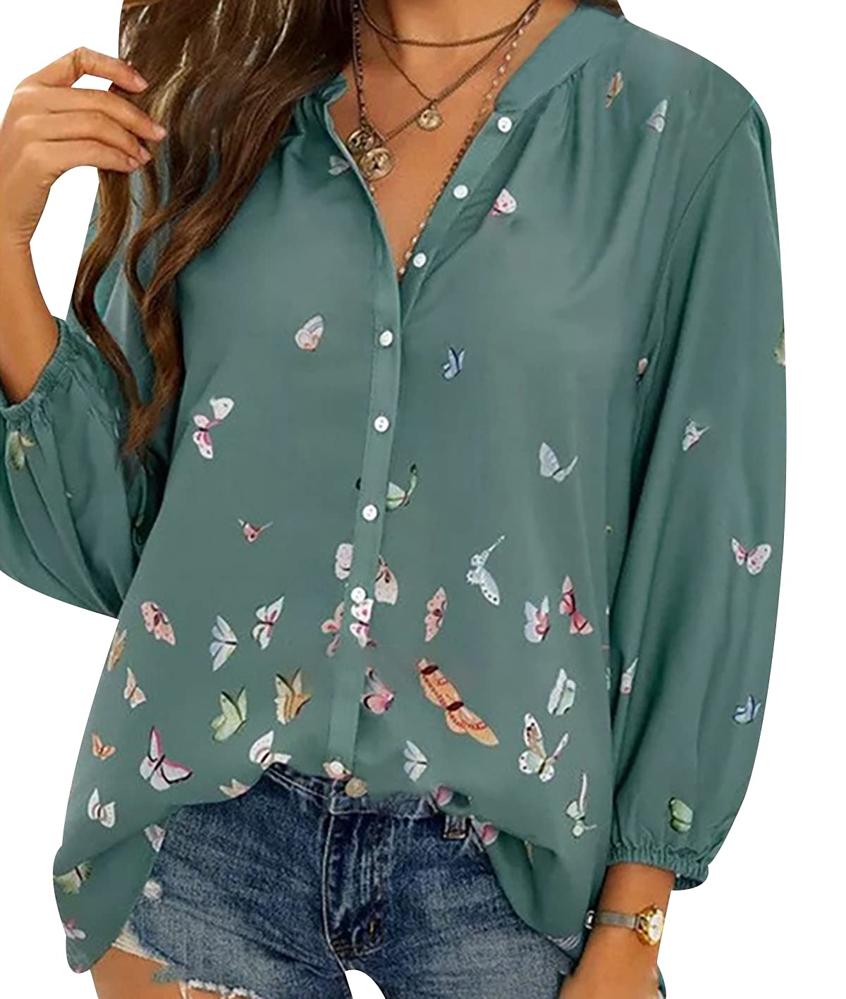 Peuignao Blusas Mujer Blusa Manga Larga Escote V Mujer Camisas Camisa Trabajo Botones Mujer Tallas Grandes Blusa Flores Gasa Elegante Señora Larga Talla Grande Blusas de Mujer Chifon Elegantes Casual Anchas