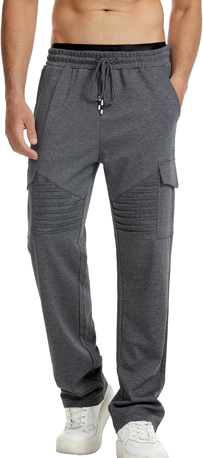 Suwangi Men’s Cargo Sweatpants Open Bottom Straight Fit Elastic Drawstring Pants with 5 Pockets for Casual Athletic Lounge - Image 6