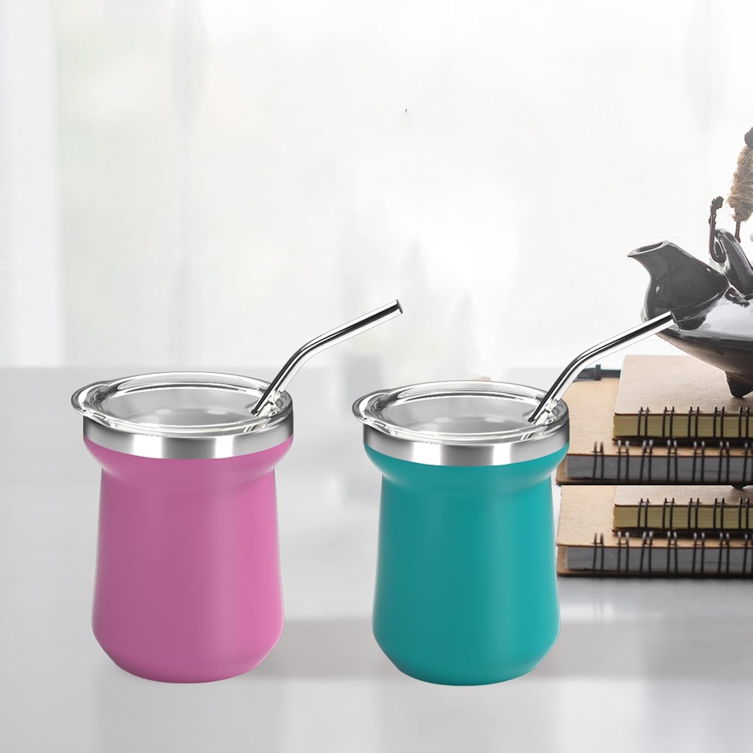 5 oz Yerba Mate Cup with Lid Stainless Steel Double Wall Vacuum Insulated Multicolor Bombilla Mate Gourd Tea Cups Set of 6