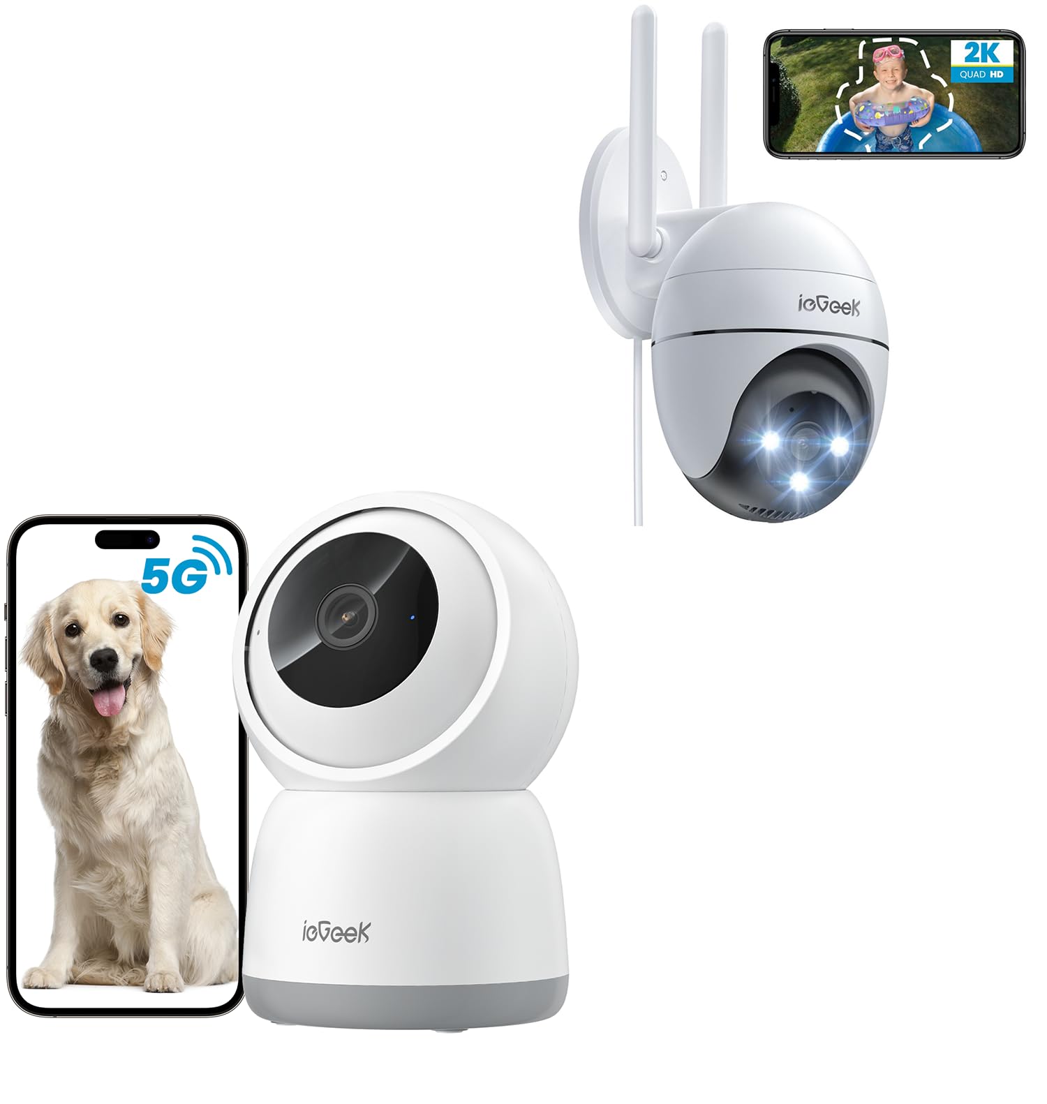 ieGeek 2K Camara Vigilancia WiFi Exterior con Cable y 2K 2.4/5GHz Camara Vigilancia WiFi Interior