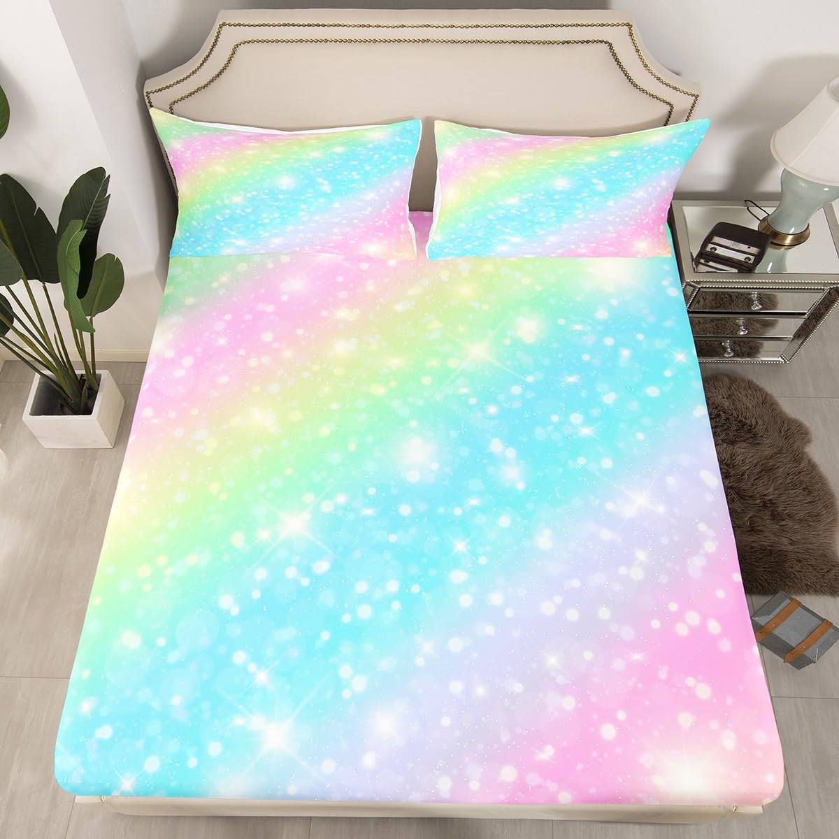 Erosebridal Rainbow Bedding Set for Kids Girls Teens Tie Dye Pastel Fitted Bed Sheet Gold Stars Rainbow Bed Sheets Full Princess Bed Set Watercolor