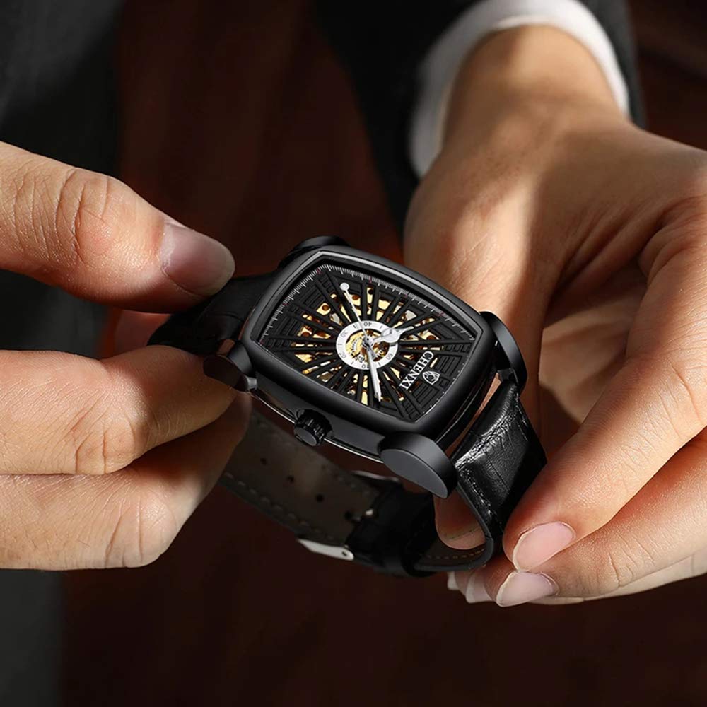 MASTOP Mechanische Herren-Armbanduhr, automatisch, ausgehöhlt, leuchtend, wasserdicht, Leder, rechteckig, Tourbillon-Skelett-Uhr
