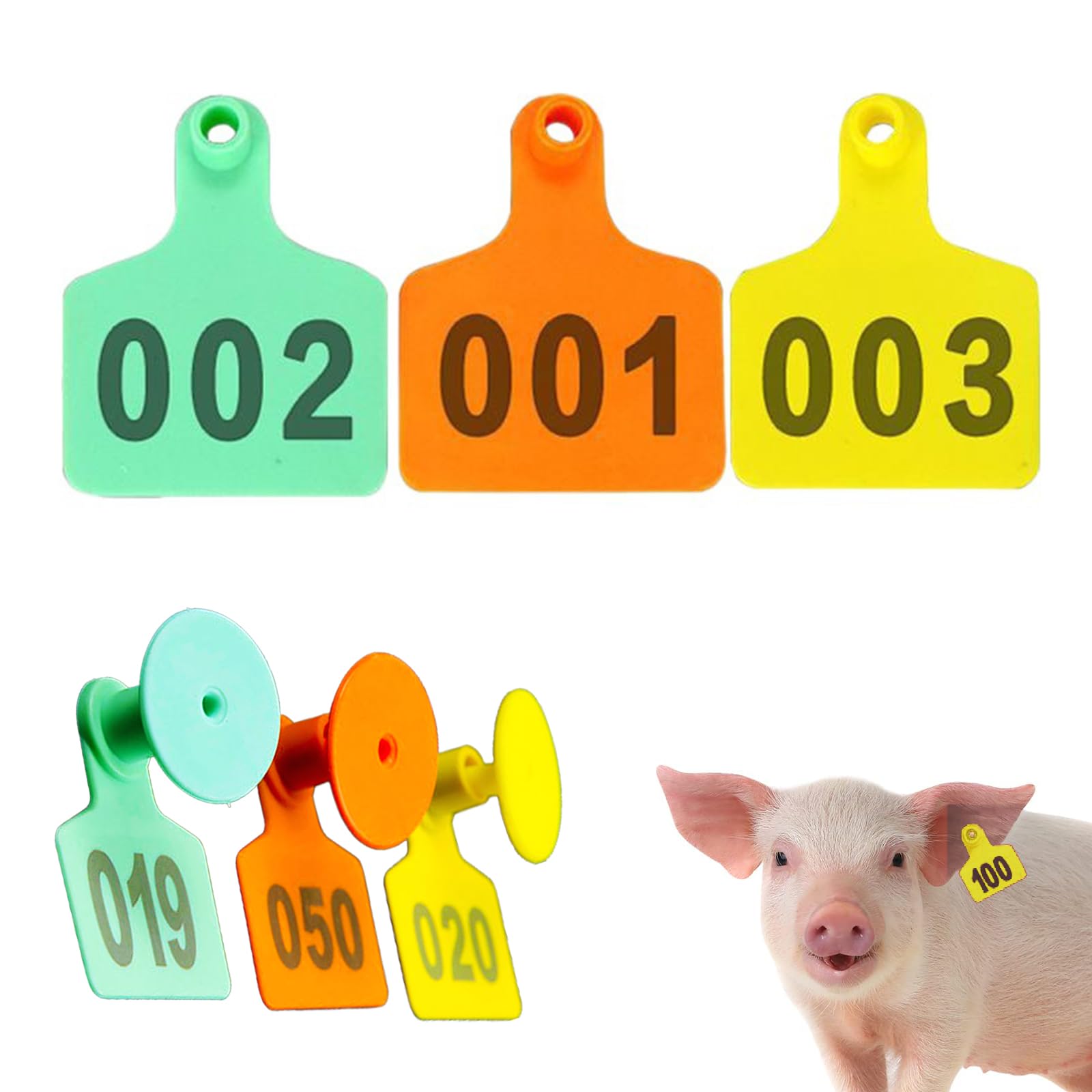 Étiquettes auriculaires d'identification for bétail (jaune/vert/orange) - 100 pièces - 48 mm x 40 mm - Numérotées - Plastique - Usage agricole(Yellow,001-100)