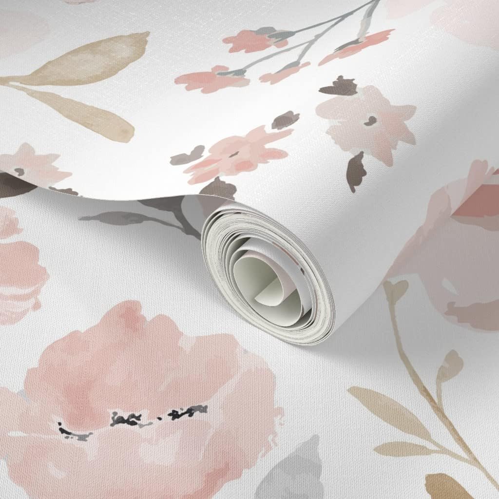 Peel & Stick Wallpaper 6ft x 2ft - Pink Blush Floral Large Bloom Farmhouse Custom Removable Wallpaper by Spoonflower