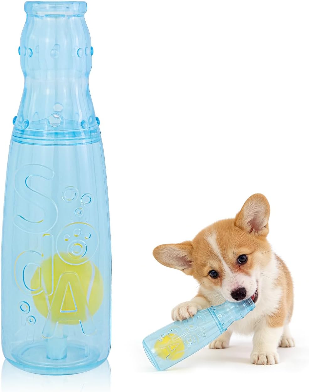 Andiker Dog Squeaky Toy, Bottle Shaped Rubber Dog Chew Toys with Squeaker and Tennis Ball, Treat Dispenser Interactive Dogs Toys for Small and Medium Dogs to Chew and Relieve Boredom (Blue)