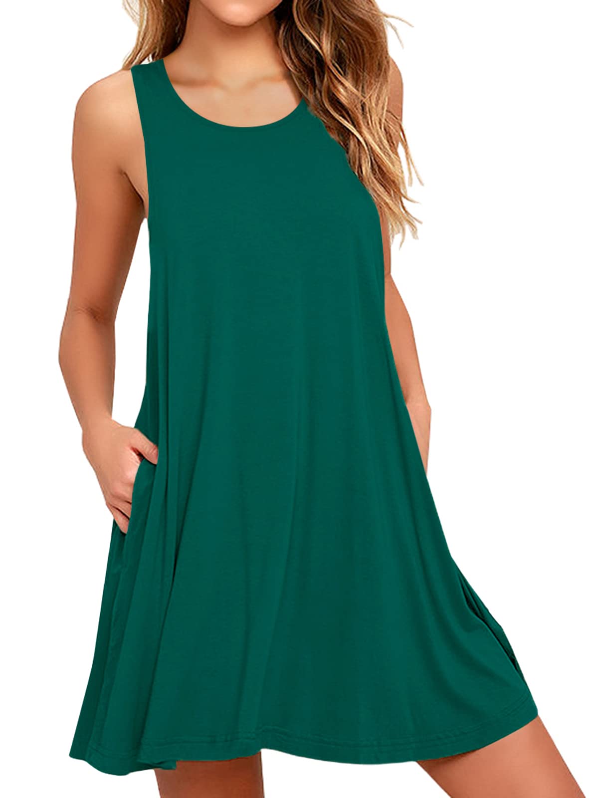 Actcat Strandkleid Damen Sommer Ärmellos Rundhals Leicht Luftig Casual Kleid mit Taschen Lässiges T-Shirt-Kleid