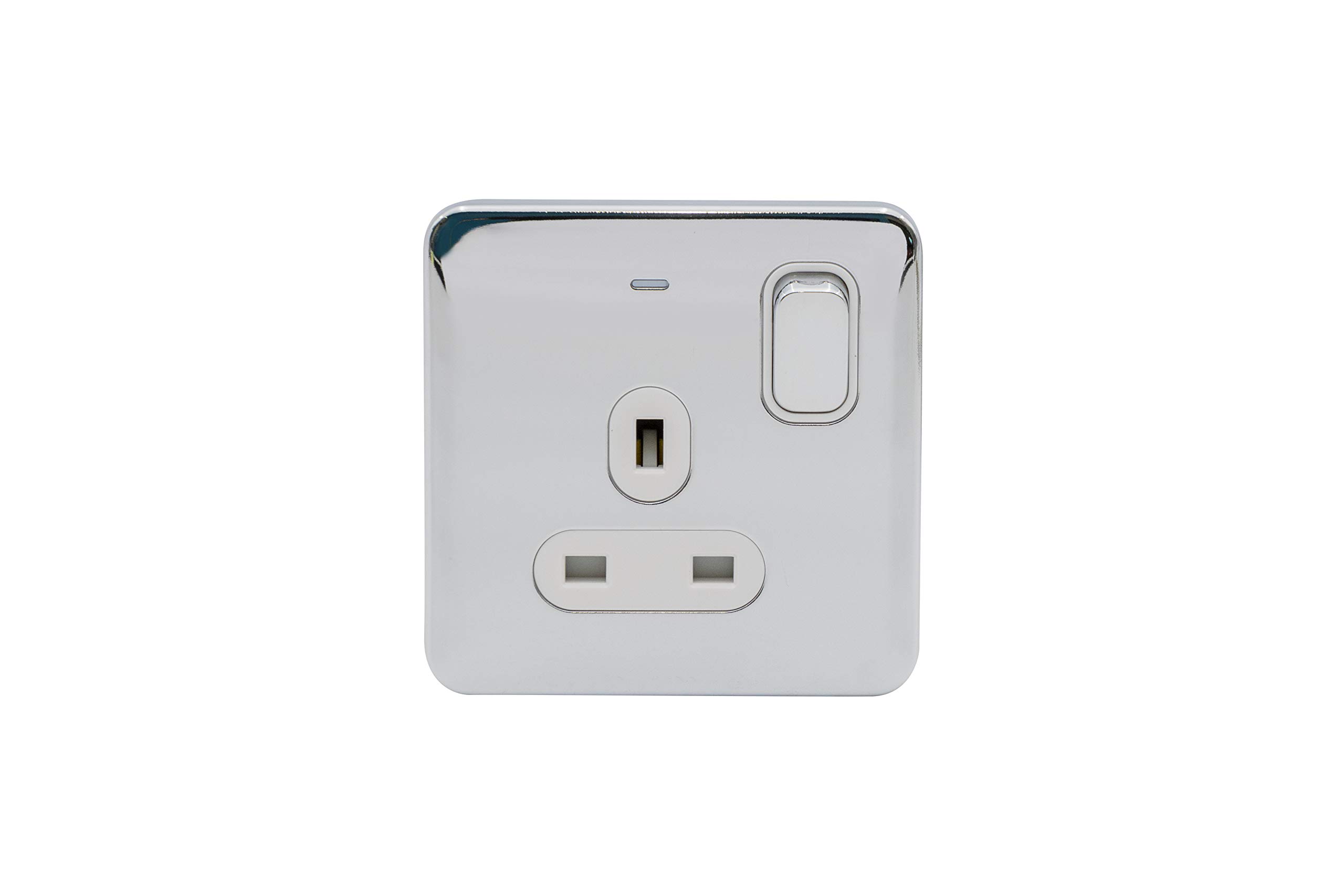 Schneider Electric GGBL3011DWPC Lisse Screwless Deco, Geschaltete Einzelsteckdose, Zweipolig, mit Neonanzeige, 13 A, poliertes Chrom mit weißem Einsatz