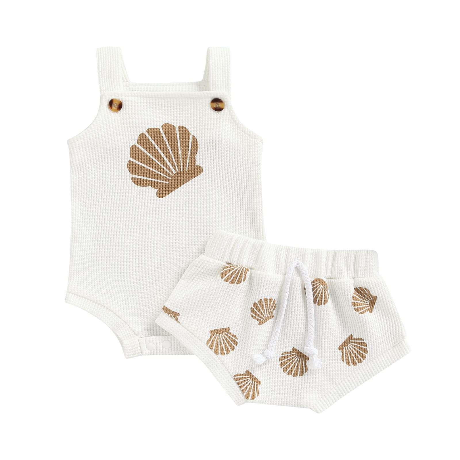 Newborn Baby Girl Summer Outfits Ribbed Sleeveless Romper Bodysuit Top and Ruffle Shorts Headband Clothes Sets (White Shell, 6-12 Months)