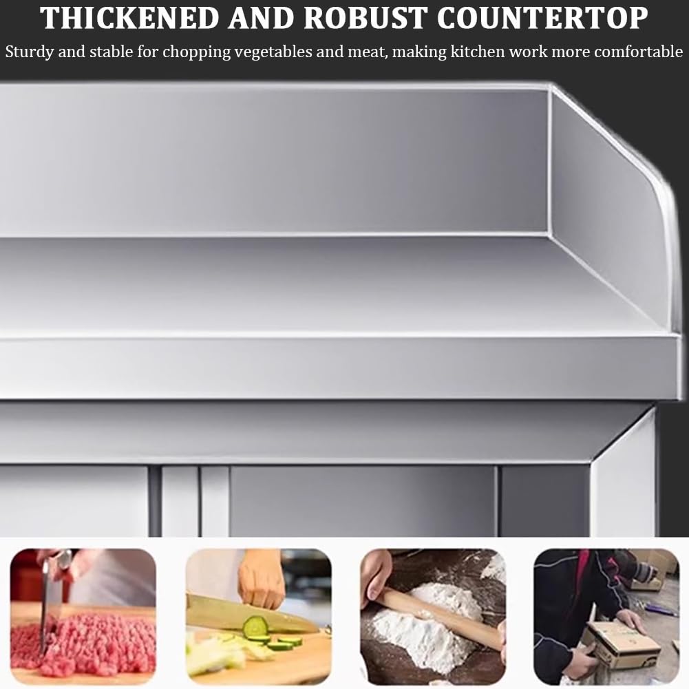 Stazione di Preparazione del Cibo da Cucina in Acciaio Inossidabile per Esterni, Tavolo in Metallo Resistente Indipendente con Armadietti E Paraschizzi su Tre Lati,L150xw60xh80cm