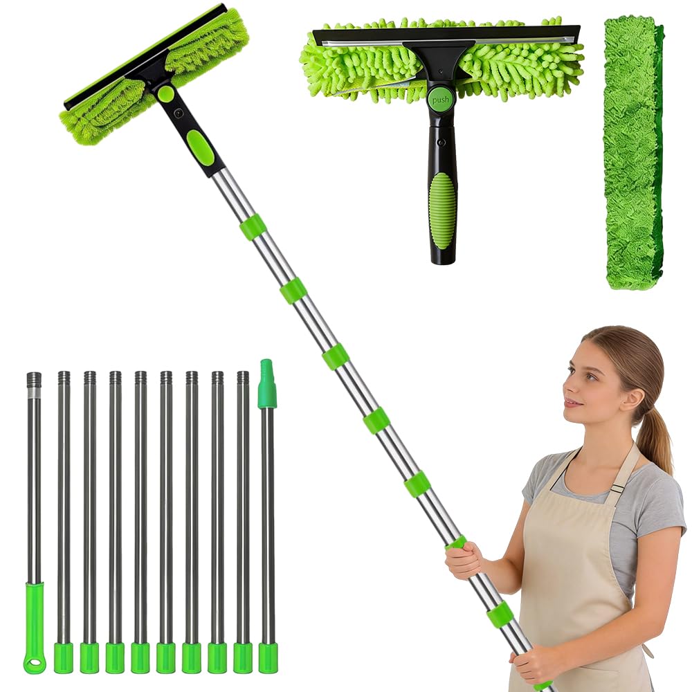 Wxeadu 4.5M Window Cleaning Kit, 2-in-1 Extendable Window Cleaning Equipment, Telescopic Window Cleaner, Extendable Window Cleaning Pole with 2 Microfiber Cloth and Squeegee for Windows, Walls, Cars