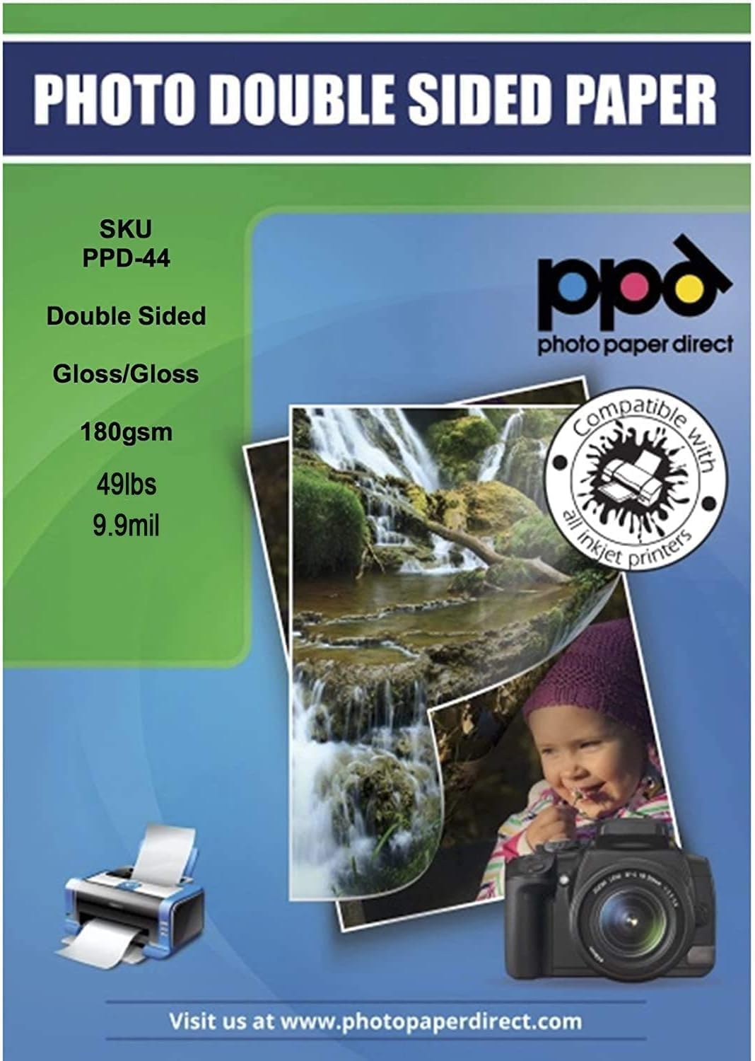 PPD Double Sided Photo Paper, Glossy Brochure Paper 8.5 x 11 for Inkjet Printer, 180 gsm, 9.9 mil Thick for Magazine, Flyer, Presentation, Program, Instant Dry & Water Resistant (50 Sheets)