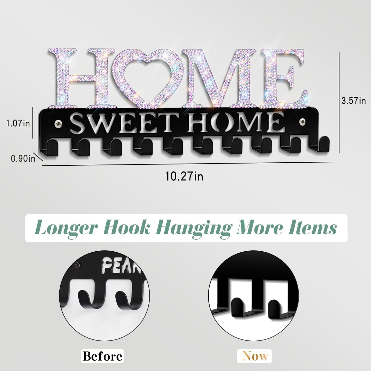 Design Home Wall Mounted Bling Key Hangers Holder Hooks Organizer Rack 10 inches 10 Hooks，Bling Sweet Home Vintage Metal Decor for Entryway Front Door Kitchen Hallway Garage Office image 2