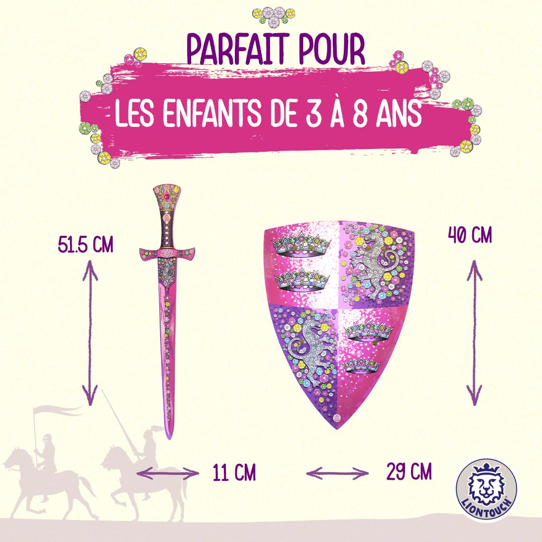 Liontouch - Épée et Bouclier de Princesse en Cristal pour Filles - 3-8 Ans | Jouet Médiéval en Mousse Rose et Argent Style Lionne | Accessoires d'Armes Sûres pour Déguisements et Costumes Royaux