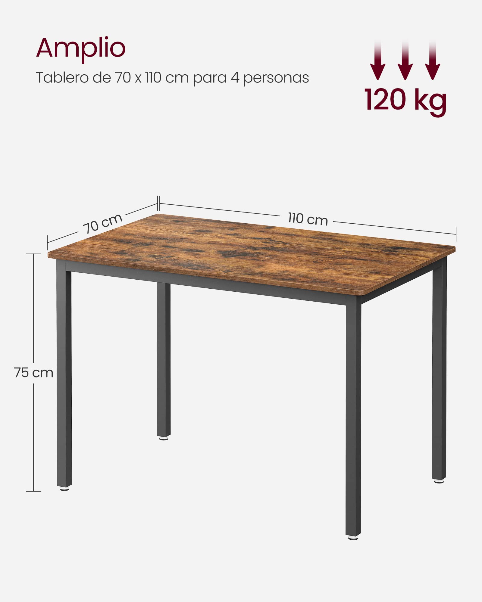 VASAGLE Mesa de Comedor, Mesa de Cocina, 70 x 110 x 77 cm, Mesa de Comedor para 4 Personas, Escritorio de Salón, para Comedor, Cocina, Industrial, Marrón Rústico y Negro Mate KDT081B01
