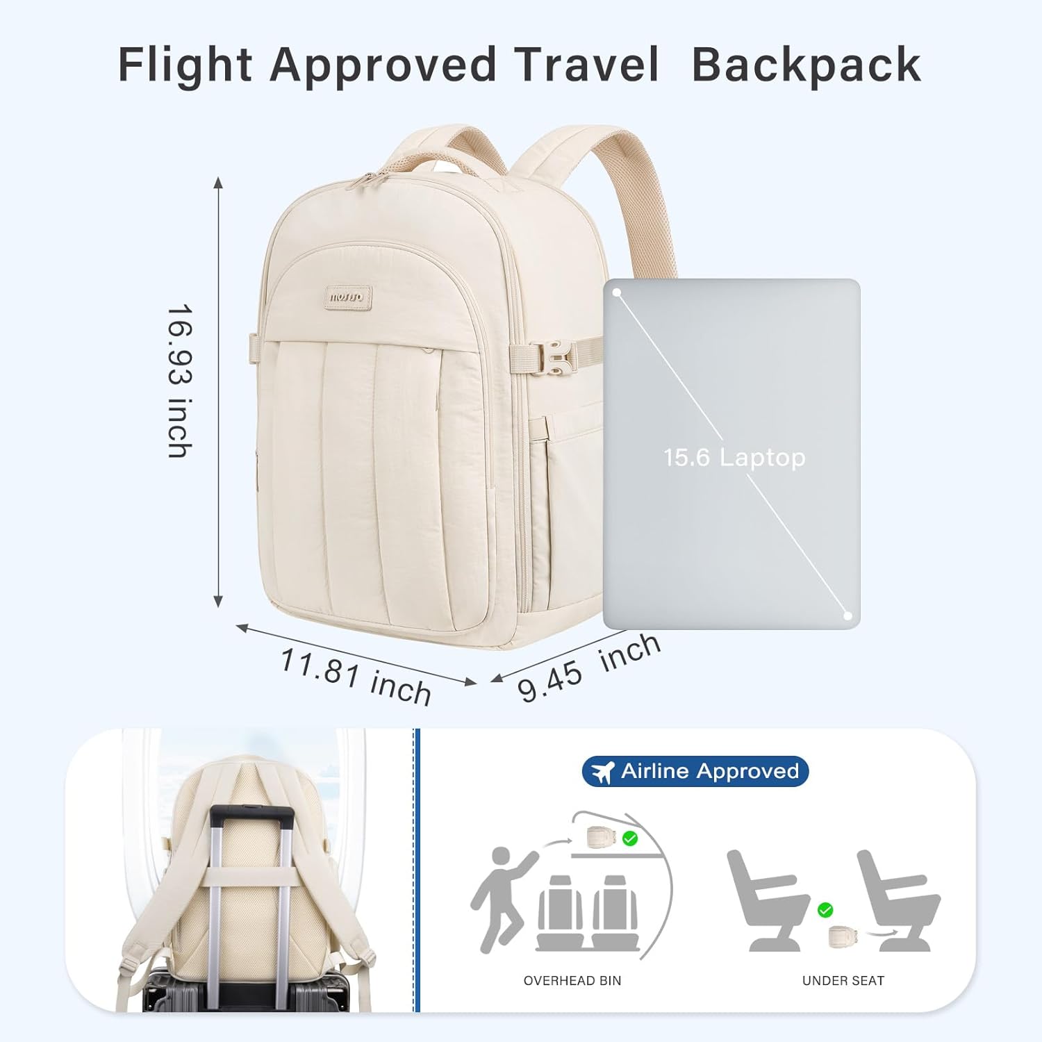 MOSISO 30L Travel Backpack for Women, Airline Approved Carry on Backpack with Shoe Compartment, Puffy Lightweight 15.6 inch Laptop Bag with 3 Front Pockets, Personal Item Travel Bag, Sand - Image 5