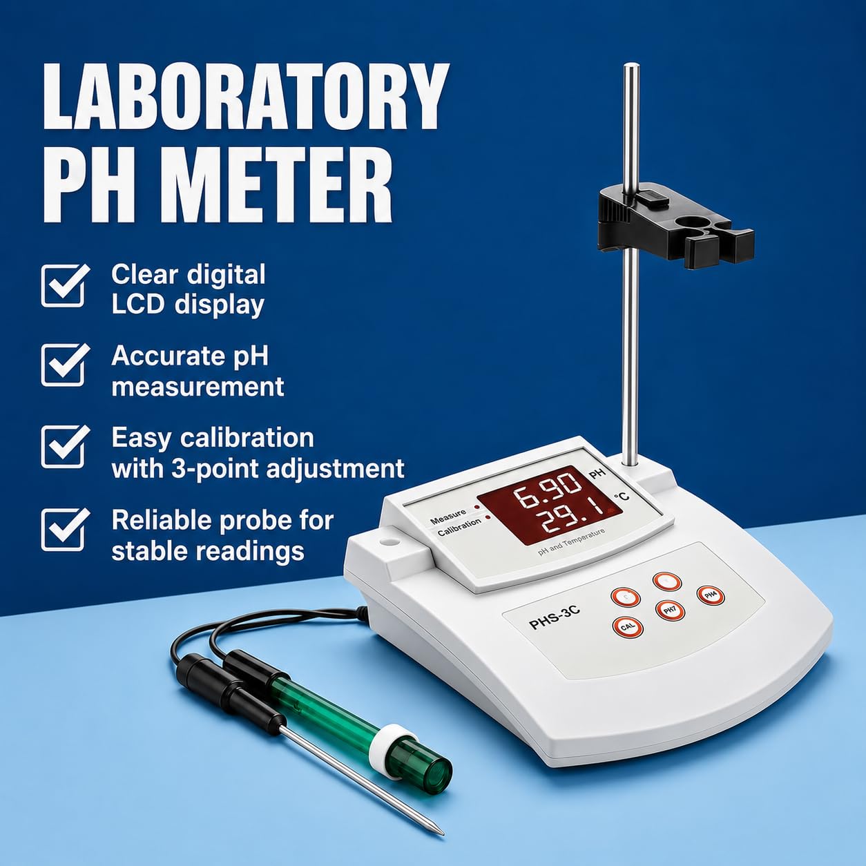 Medidor de pH para laboratorio con pantalla LED y soporte, incluye 2 electrodos de pH/temperatura y calibración automática de 2 puntos para pruebas de acuario y acuicultura