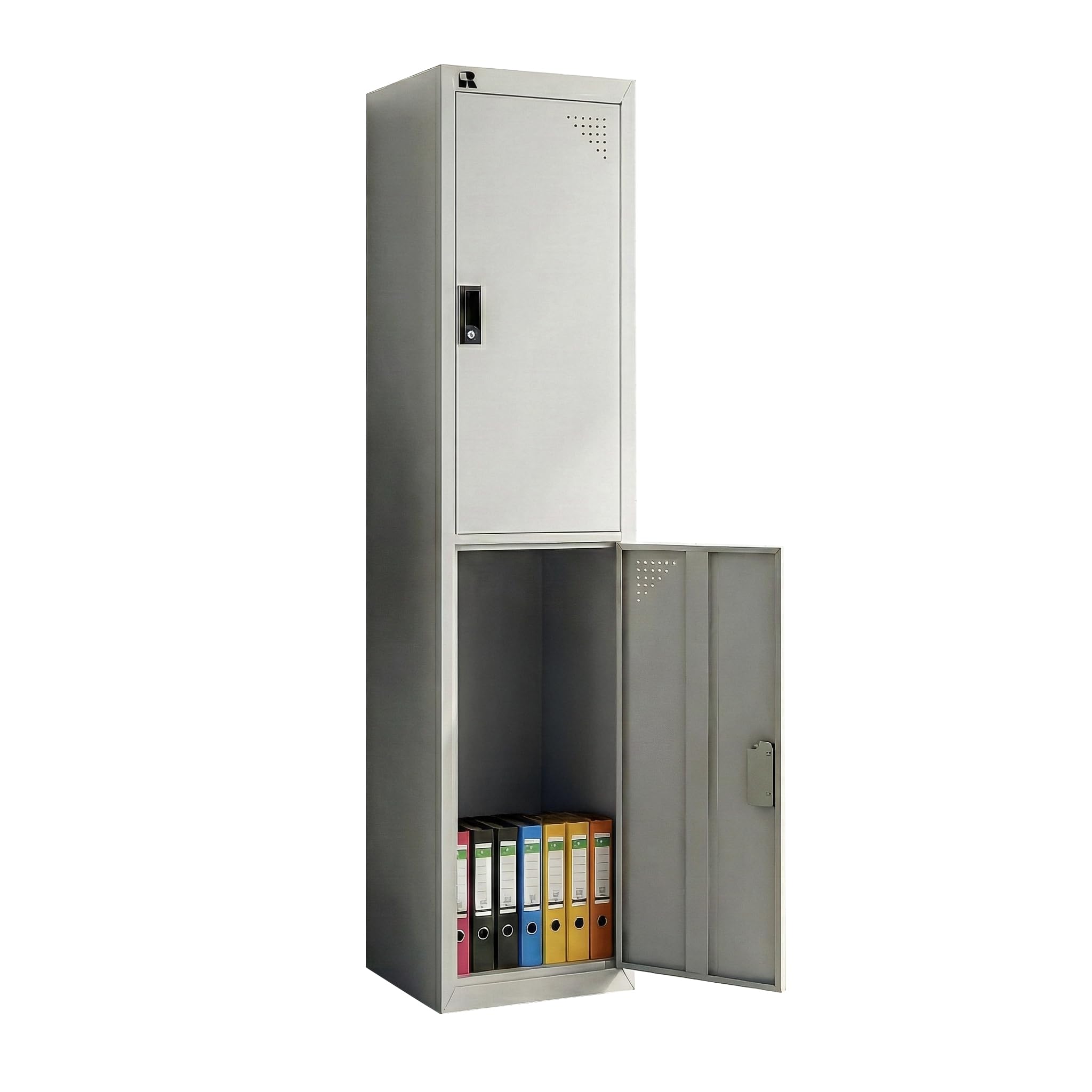 RIGID 2 Door Steel Storage Locker with Shelves | Metal Cabinet for Home, School & Office | Secure Key Lock System, Plastic Handles, Multi-Compartment Organizer, Grey (45D x 38W x 180H cm) Assembled