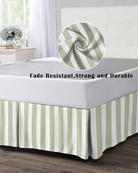 Sage Green Striped Bed Skirt Queen Size 16 Inch Drop Bed Frame Cover, Modern Farmhouse Sage Green White Stripes Sheet & Wrap Around Bed Skirts Dust Ruffle for Queen Bed with Split Corner