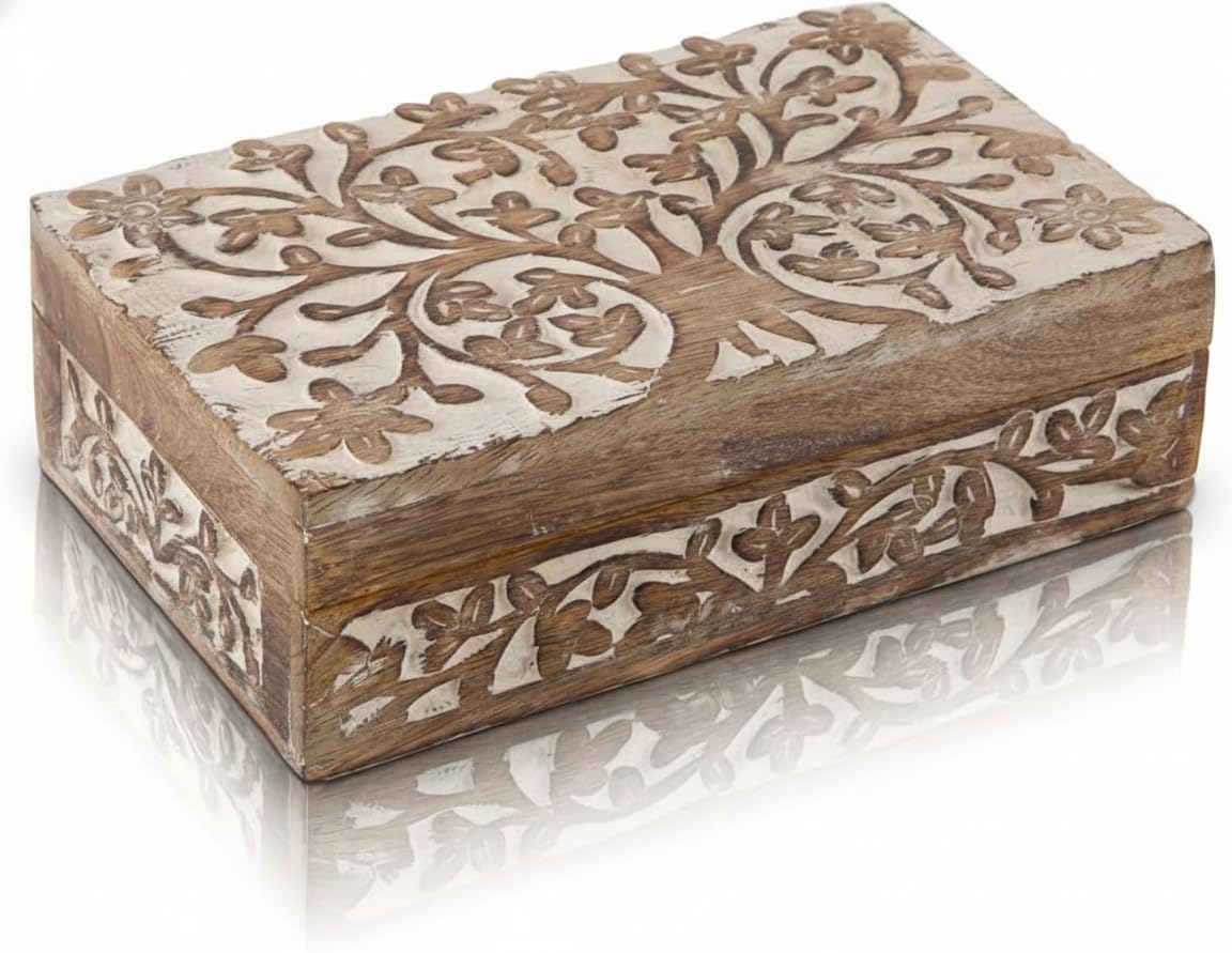 Whitewash Mango Wood Tree of Life Keepsake Jewelry Box Jewellery Organiser Unique Gift Ideas for Men & Women Wooden Storage Multipurpose Treasure Box Organizer Travel Keepsake | 8 X 5 X 2.5 Inch