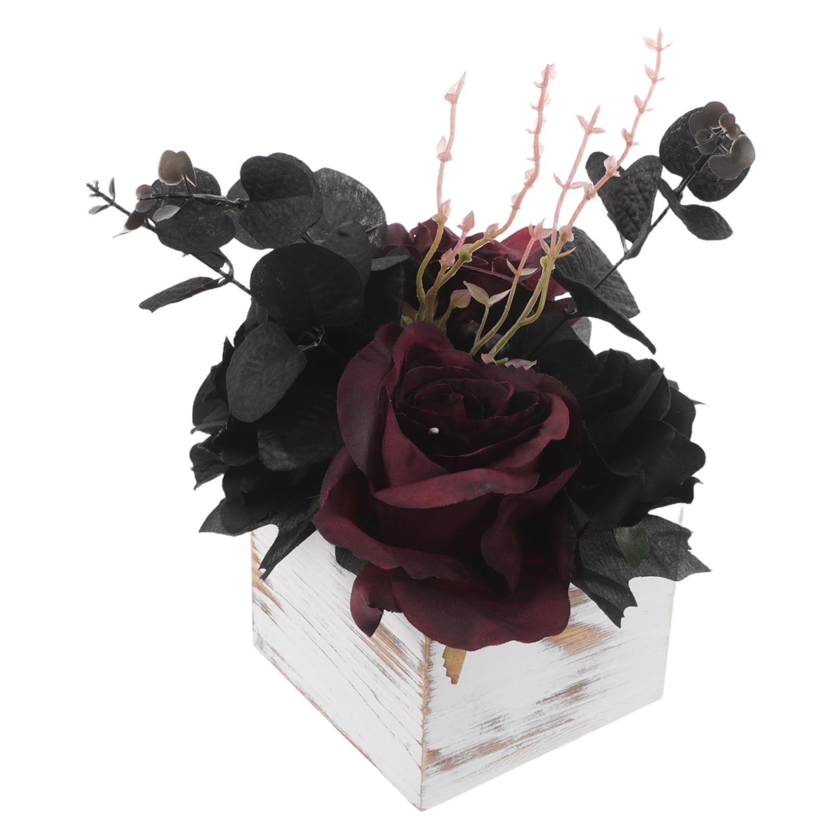 Maceta de madera con flores negras rústicas para centro de mesa de Halloween