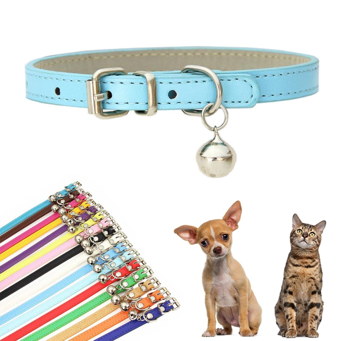 Light Blue XS Dog Collar with Bell, Faux Leather Cat Collar with Bells Pu Basic Boy Dog Collars for XXS XSmall Small Medium Pet Male Dogs Little Kitten Tiny Animal, X-Small