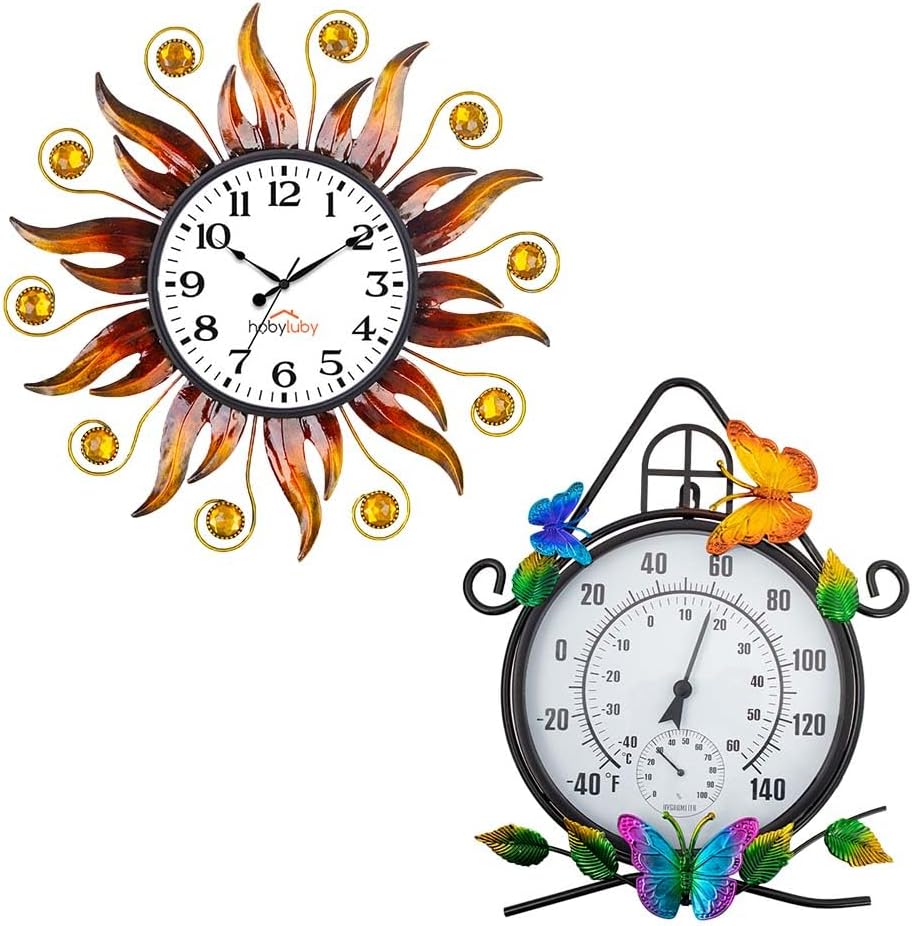 Outdoor Clock & Outdoor Thermometer, Sun Wall Clock Silent Non-Ticking and Large Wall Thermometer with Humidity for Garden, Home Decor