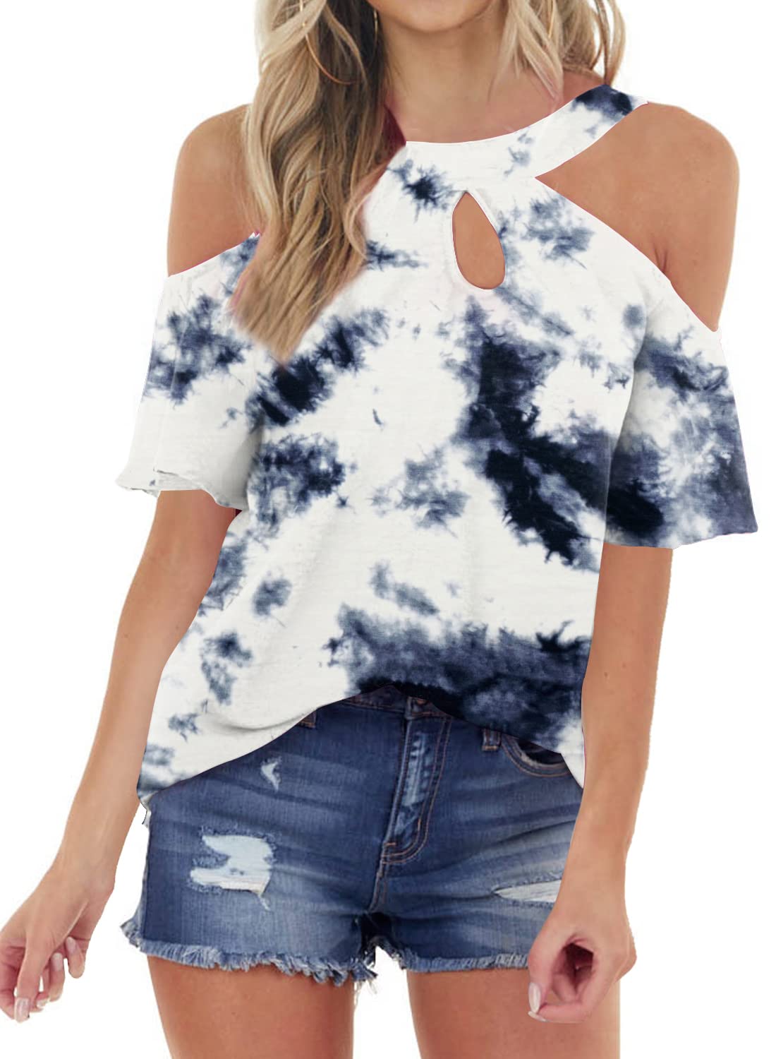 Womens Summer Halter Cold Shoulder Tops Sexy Casual Short Sleeve Keyhole T Shirts Blouse