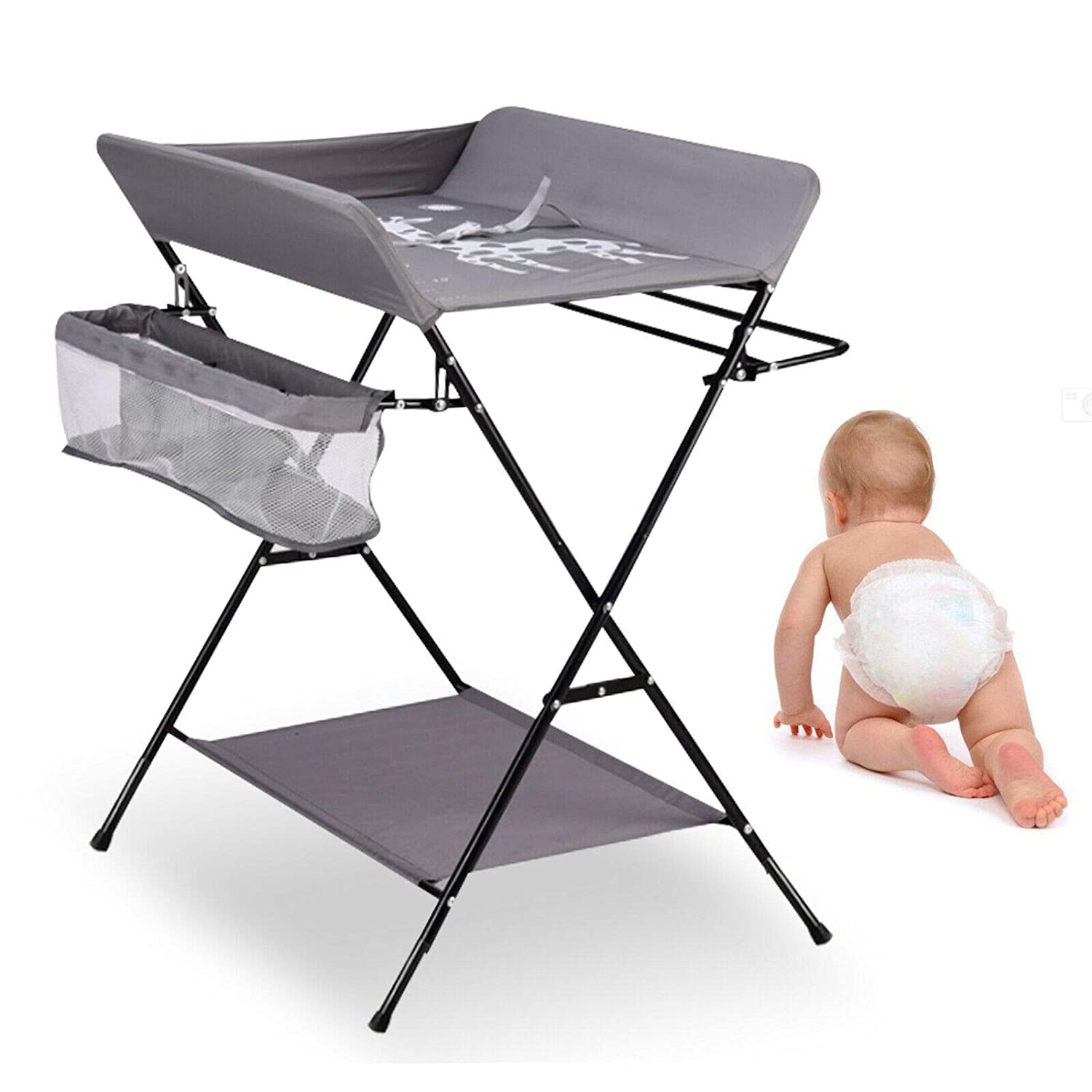 Składany stół do przewijania, z regulacją wysokości, ruchomy materac do przewijania dla niemowląt, stół do przewijania z kółkami, ergonomiczny design dla noworodków (szary)