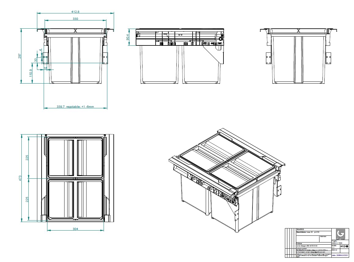 Mülltrennsystem LINEA 560 für 45 cm Spülenunterschrank - Mülleimer Küche Unterschrank (2x 17L), Abfalleimer Küche, Mülleimer 2 Fächer, Einbaumülleimer, Doppelmülleimer, Anthrazit