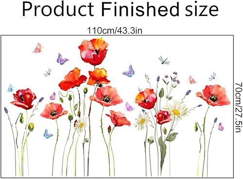 Miniatura 4 de Calcomanía de pared de flores de amapola roja, calcomanías de pared de acuarela floral y mariposa, 43.3 x 27.5 pulgadas, vinilo autoadhesivo