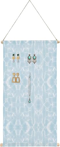 Organizador de joyas colgante, organizador de aretes de moire azul y blanco con 20 ganchos, moderno y simple geométrico abstracto arte abstracto,