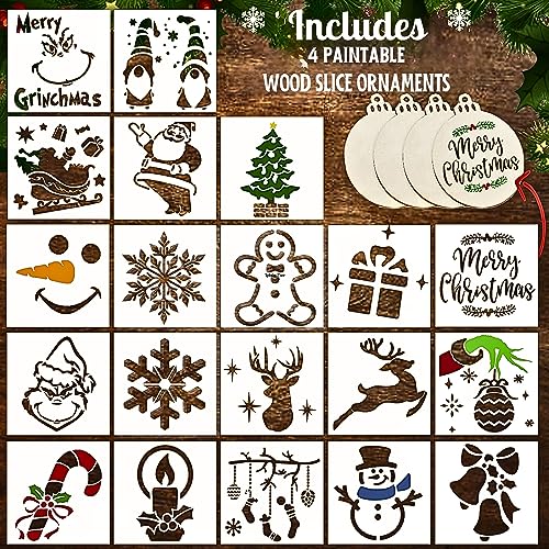 24 Pc Christmas Stencils for Painting on Wood (3 inch) - Holiday and Christmas Stencils Reusable for Crafts, Cards, Kids, Windows –DIY Ornaments, Decorations -Gnome, Tree Stencil – Incl. 4 Wood Slices