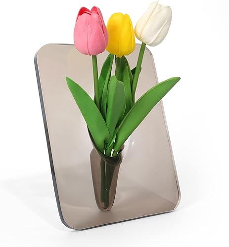 Miniatura 1 de AGALUS Bonito jarrón rectangular de acrílico para decoración estética de habitación y detalles modernos para el hogar (gris transparente)