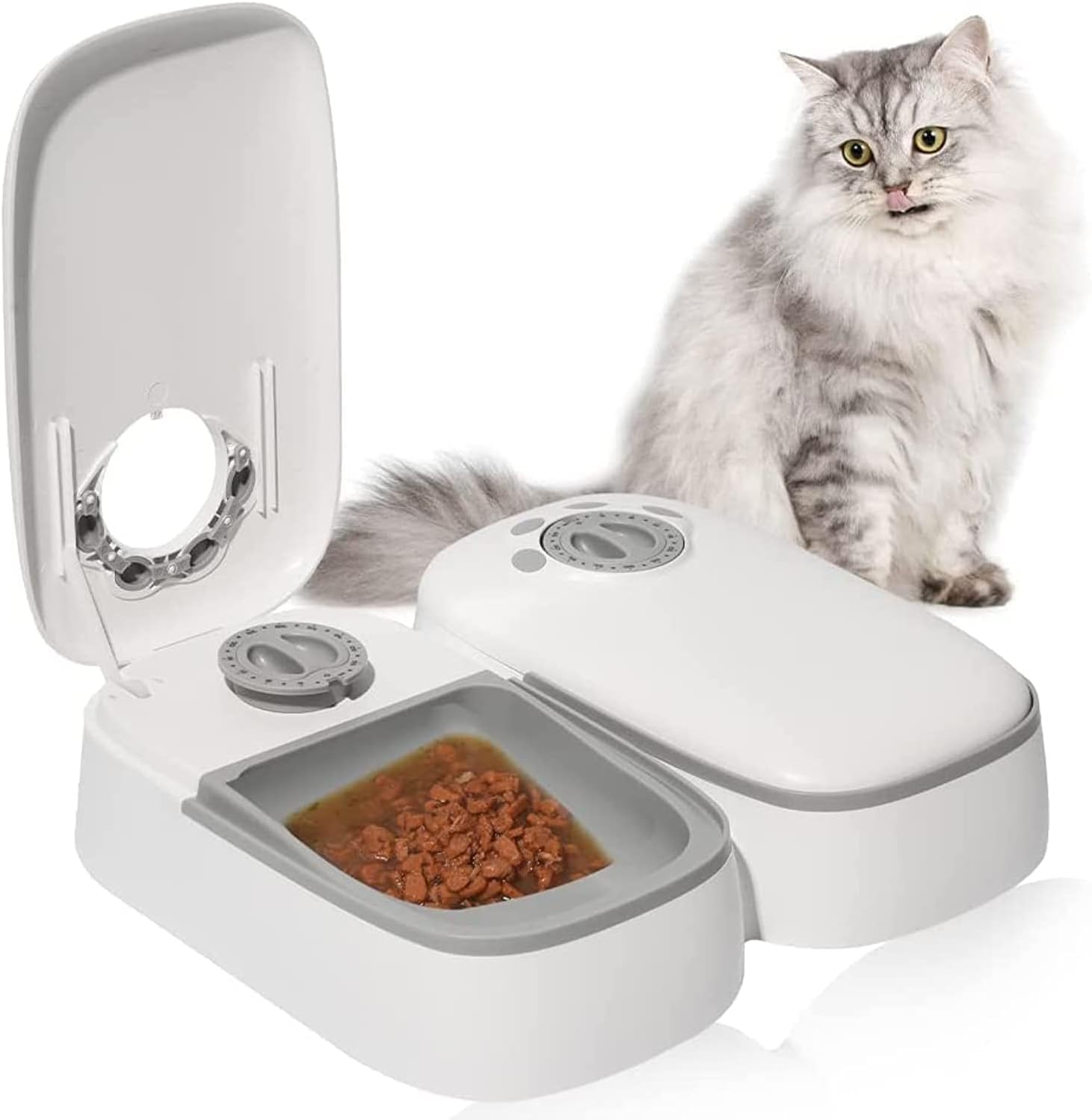 L&E HELEE Automatic 2 Meals Cat Feeder, 350ML/700ML Pet Feeder with Timer, Timed and Portion Control for Dry or Semi-Moist Food, Food Dispenser for Cat and Dog, 48-Hour Timed (Grey)