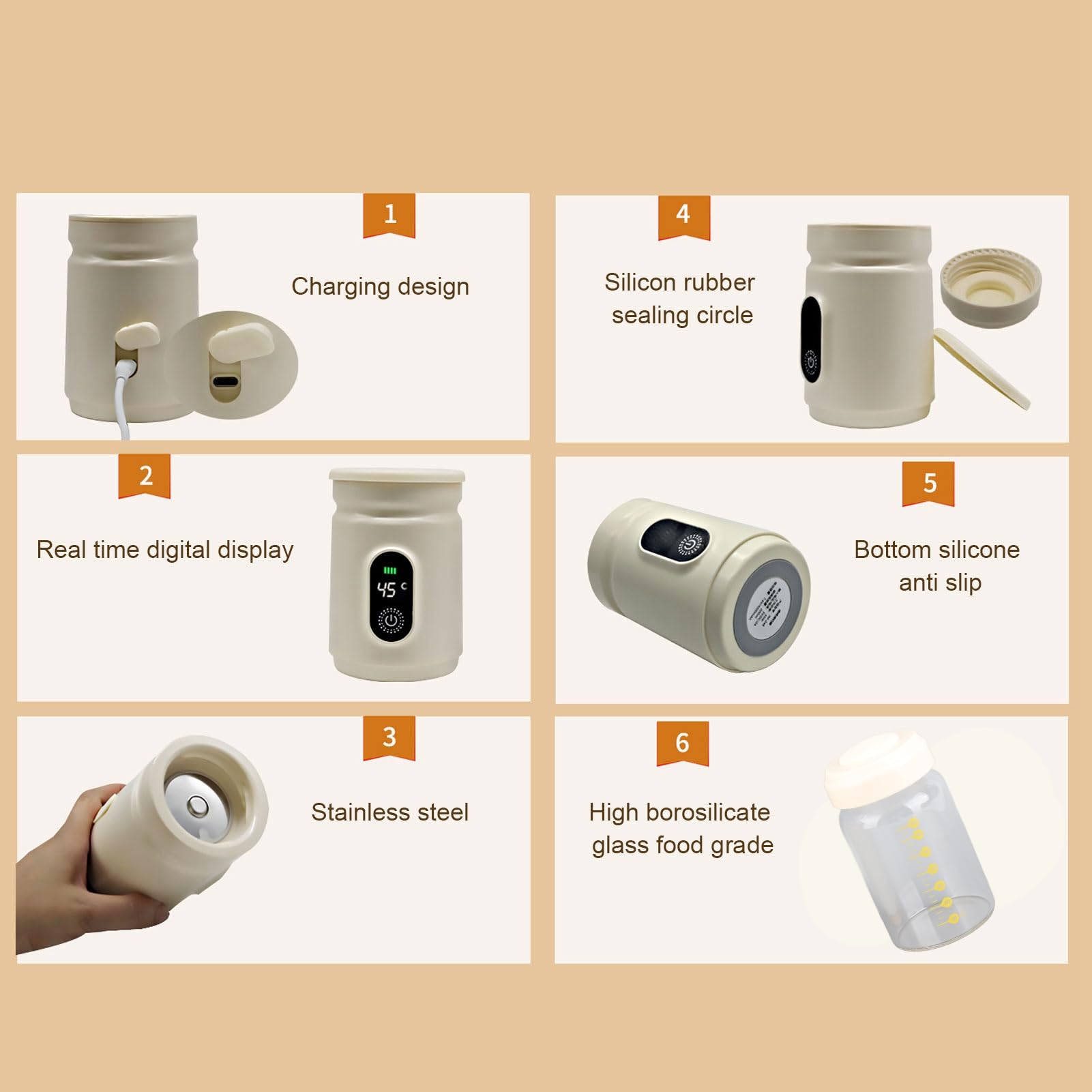 Calentador de Biberones Portátil, Calentador de Biberones de Viaje de 200 Ml con 4 Configuraciones de Temperatura, de Leche Recargable Inalámbrico para Leche Materna, Fórmula o Agua, Carga