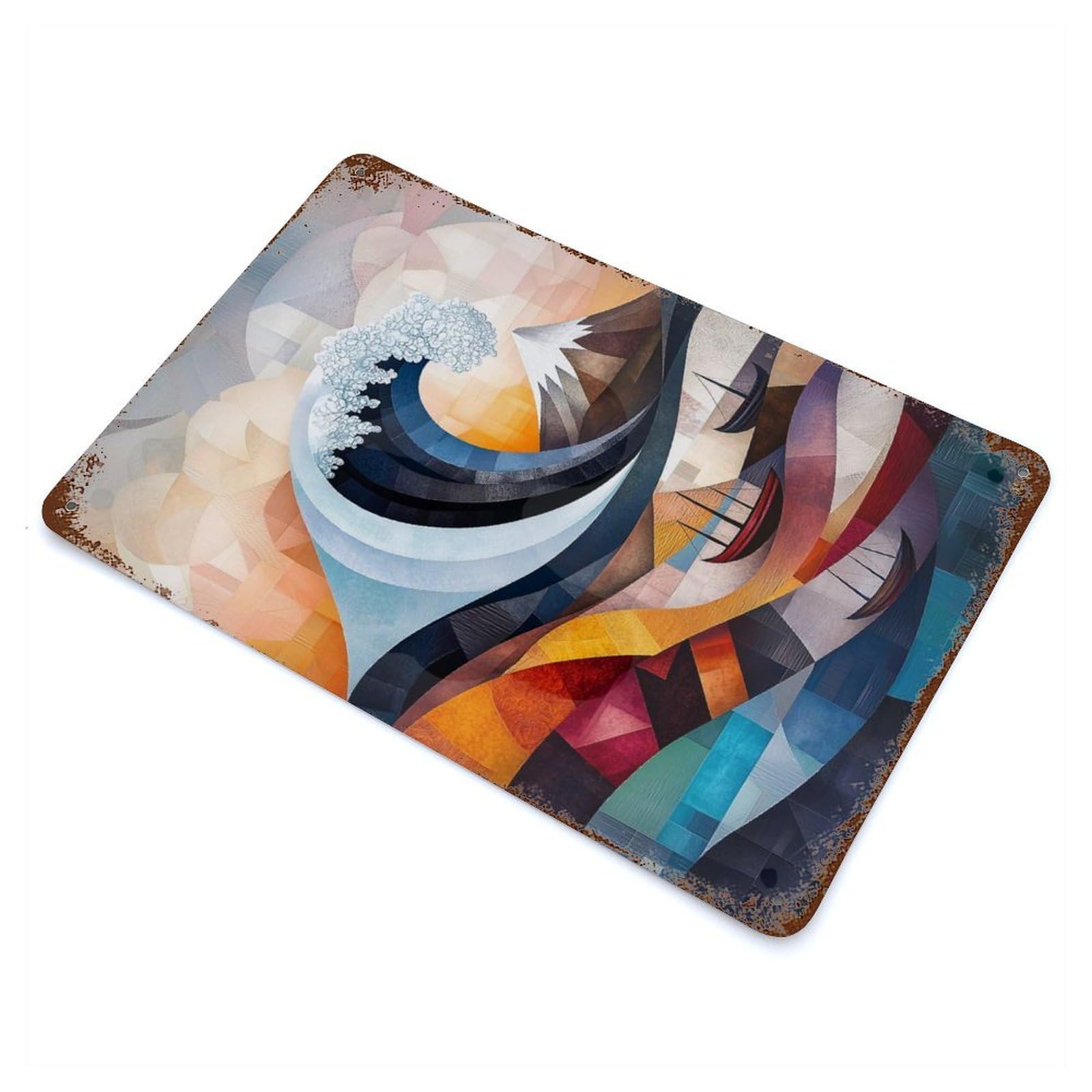 Modern Cubist Vision of The Great Wave of Kanagawa Distressed Metal Wall Sign 11.8"x7.9", for Farmhouse, Kitchen And Entryway Decor, Rustic Home Decor