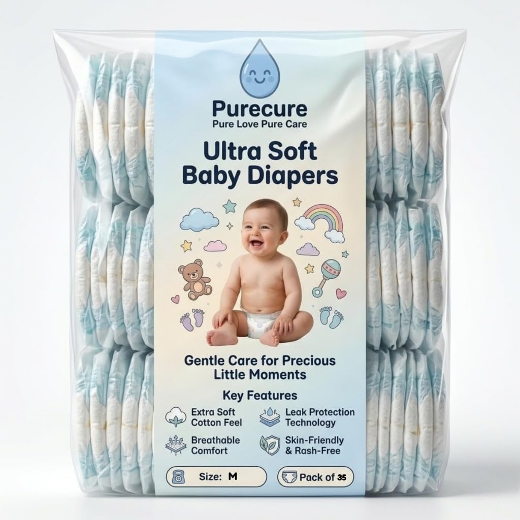 Pampino Pure Care Baby Diapers | Ultra Soft Breathable | Aqua-Core High Absorbency | Leak-Proof Double Layer Guards | Re-Sealable Tabs | Comfortable Fit for Babies (75, M)-image-6