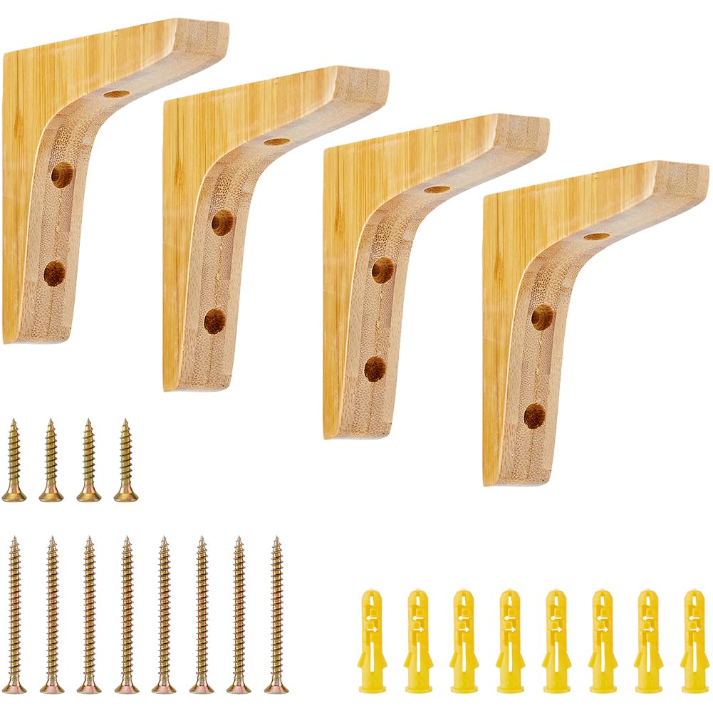 SUPERFINDINGS 4 Pcs 3.7 Inch/9.5cm Wooden Shelf Brackets Triangle Wall Mount L Bracket Shelf Support Unfinished Paintable Solid Wood with Screw for Floating Shelf Countertops Cabinet Furniture
