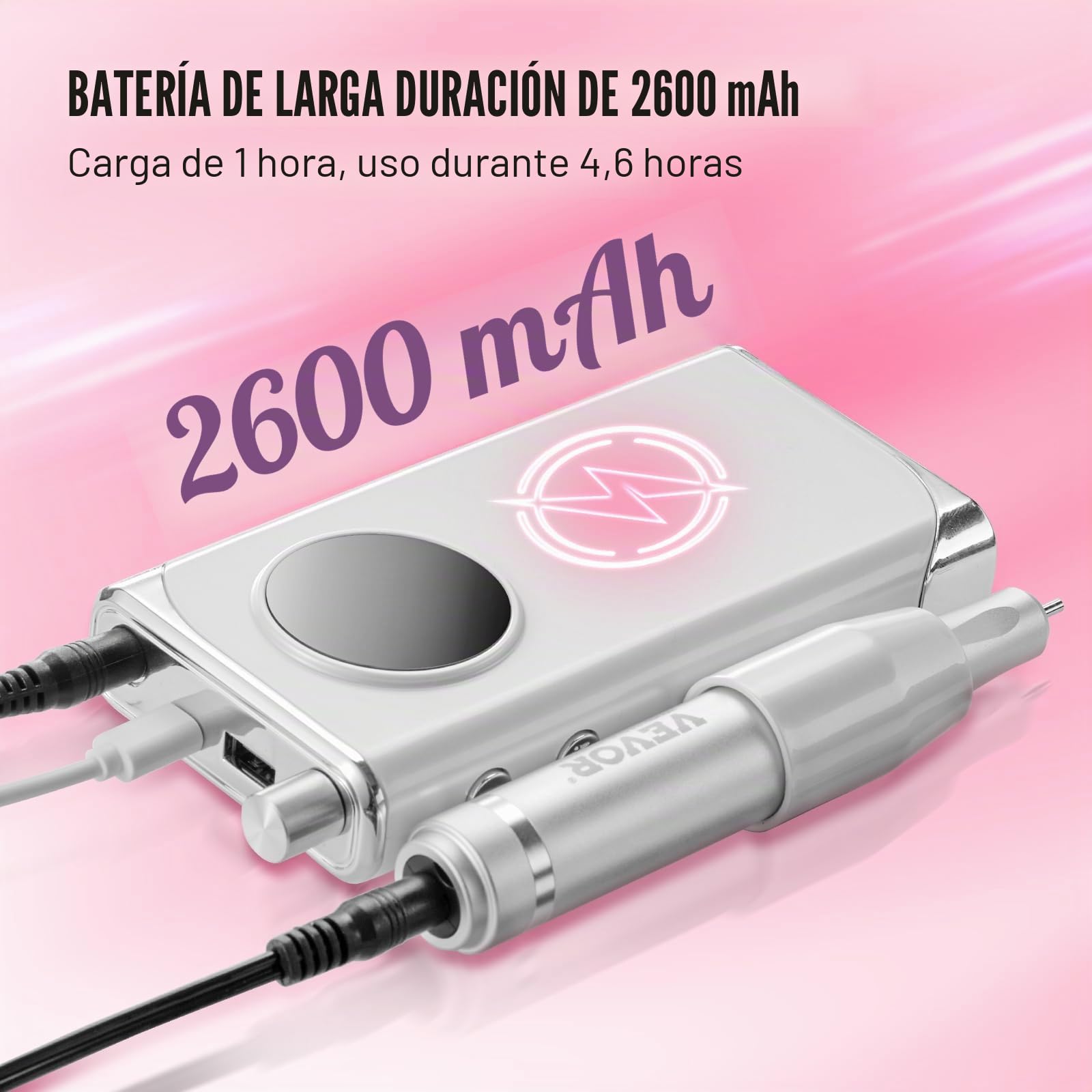 VEVOR Taladro de Uñas Eléctrico Recargable, Máquina de Lima de Uñas Inalámbrica Portátil de 40.000 RPM, Herramienta de Amoladora de Gel Acrílico para Manicura Pedicura Tallar Esmalte, 157 x 76 x 42 mm
