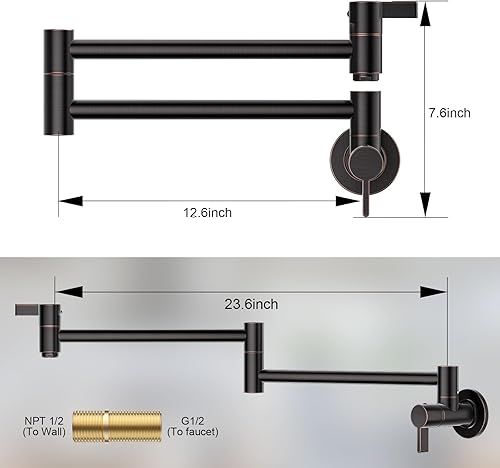 Miniatura 6 de ARCORA - Grifo de llenado de ollas de bronce aceitado, grifo plegable tradicional de montaje en pared, 2 manijas con brazos oscilantes de doble